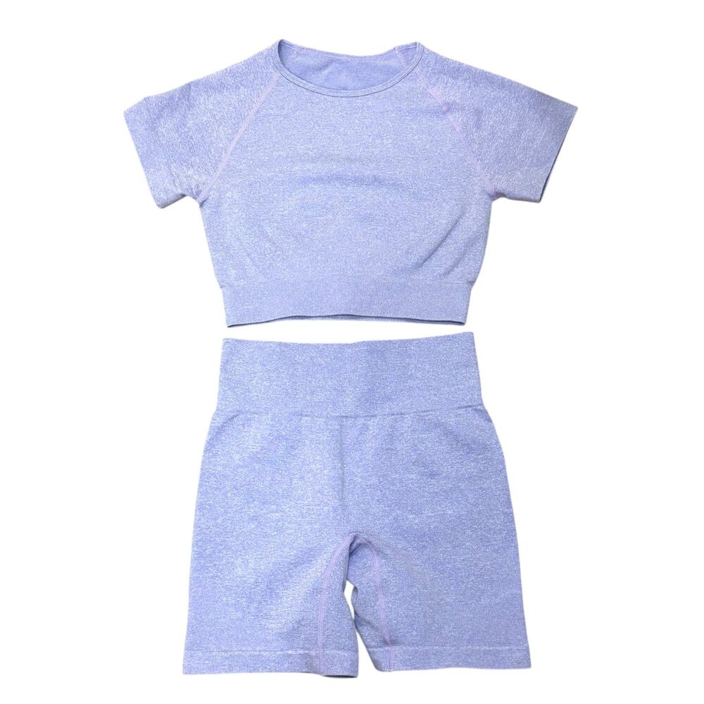 Athletic 2-Piece Set Crop Top & Biker Shorts Size Small Lavender Blue Periwinkle